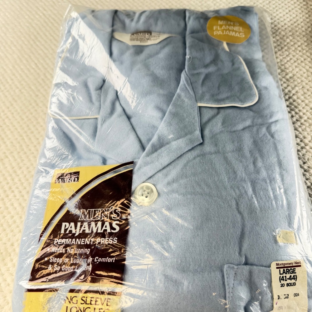 Vintage Montgomery Ward Mens Flannel Pajamas Blue Long Sleeve Set Large 41-44